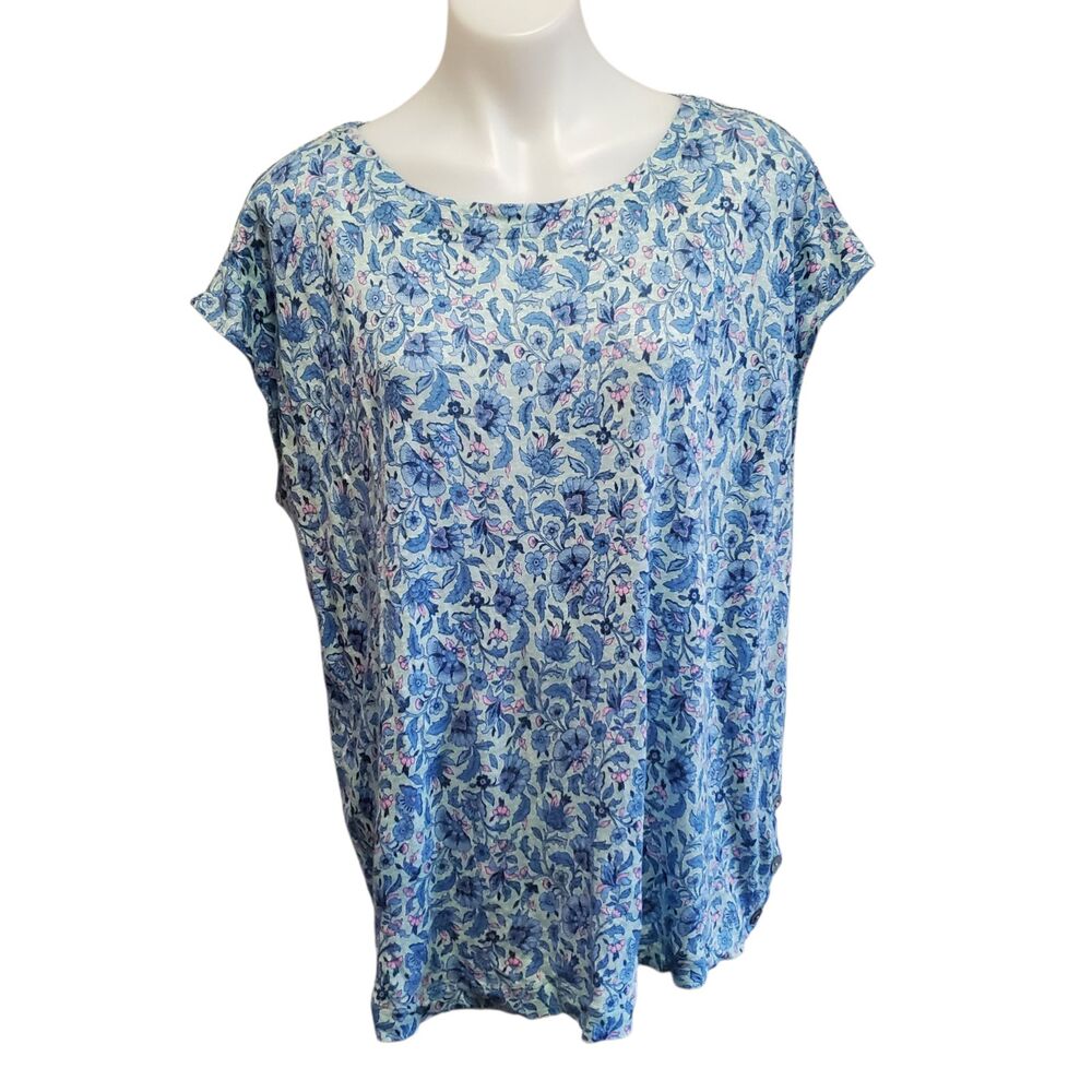 J. Jill 100% Linen Floral Blouse Blue Short Sleeve Relaxed Boxy Resort Casual XL